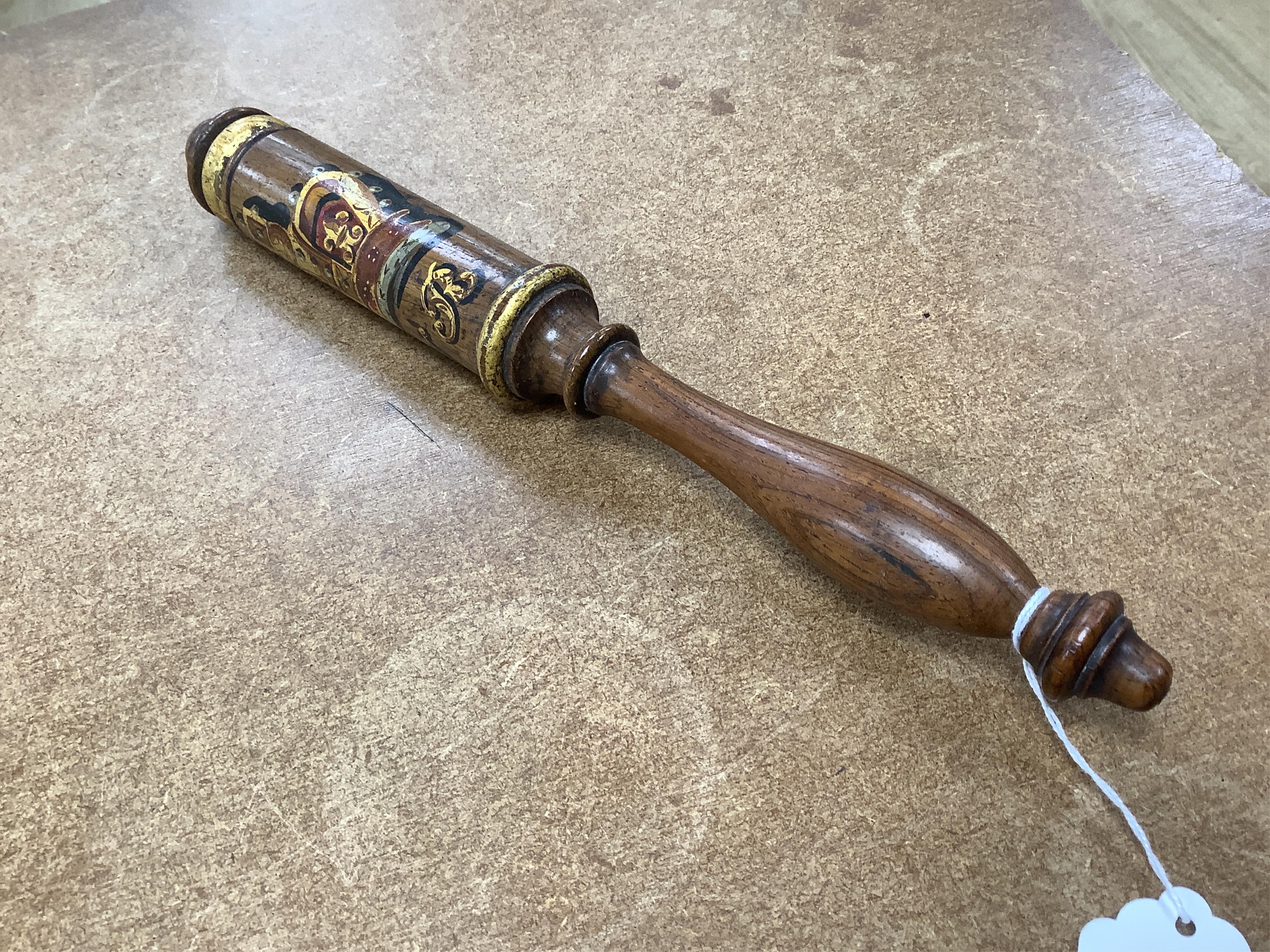 Two Victorian turned and painted wood tipstaffs, each painted with the Royal cypher, one inscribed ‘York’, largest 33cm in length